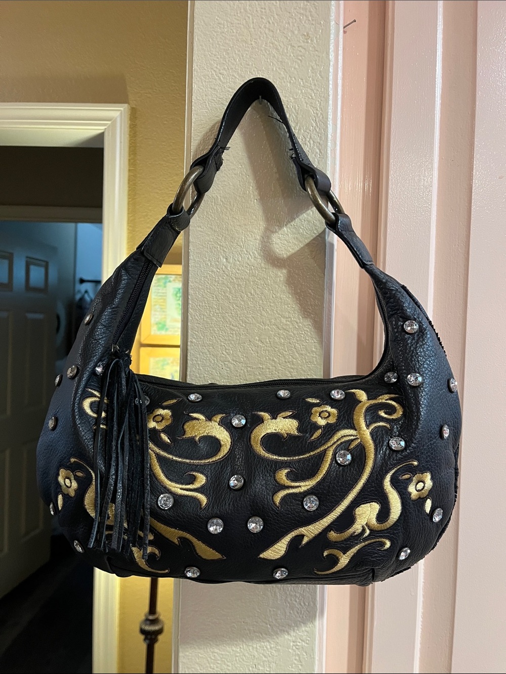 Carlos Falchi Black Shoulder Bag with Gold Embroidery and Rhinestones